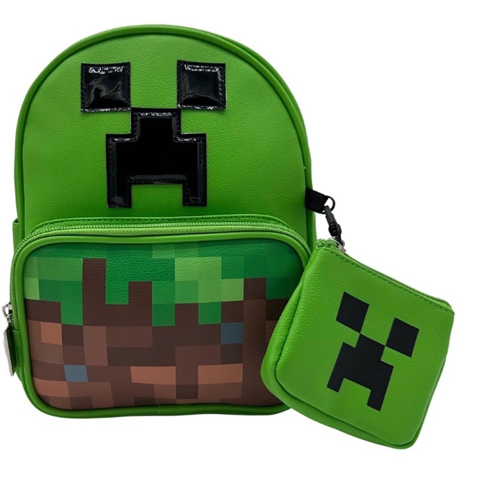 Minecraft-Green Creeper Face Backpack 10.5”in with Coín Purse Set of 2pc. NWT